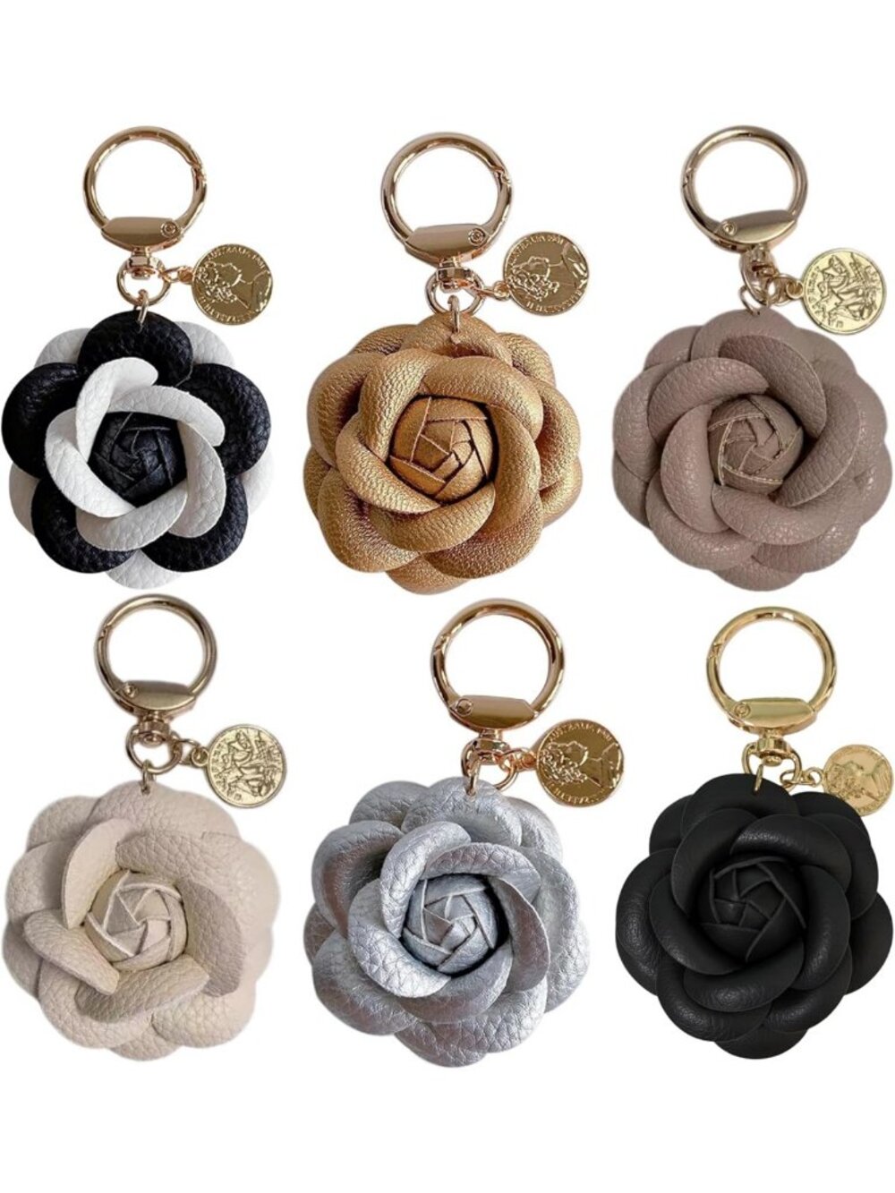 Set of 2 Leather Flower Bag Charms - Cute Rose Keychains for Handbags & Totes
